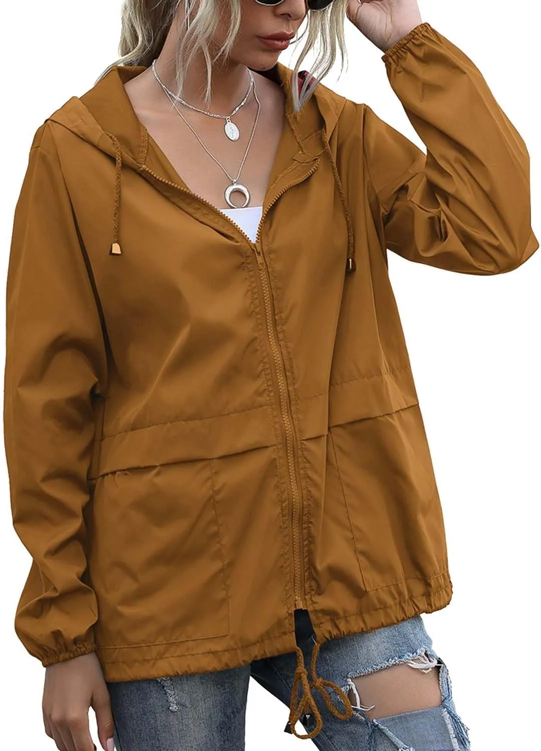 PESION Women's Waterproof Raincoat Lightweight Rain Jacket Hooded Windbreaker with Pocket for Outdoor