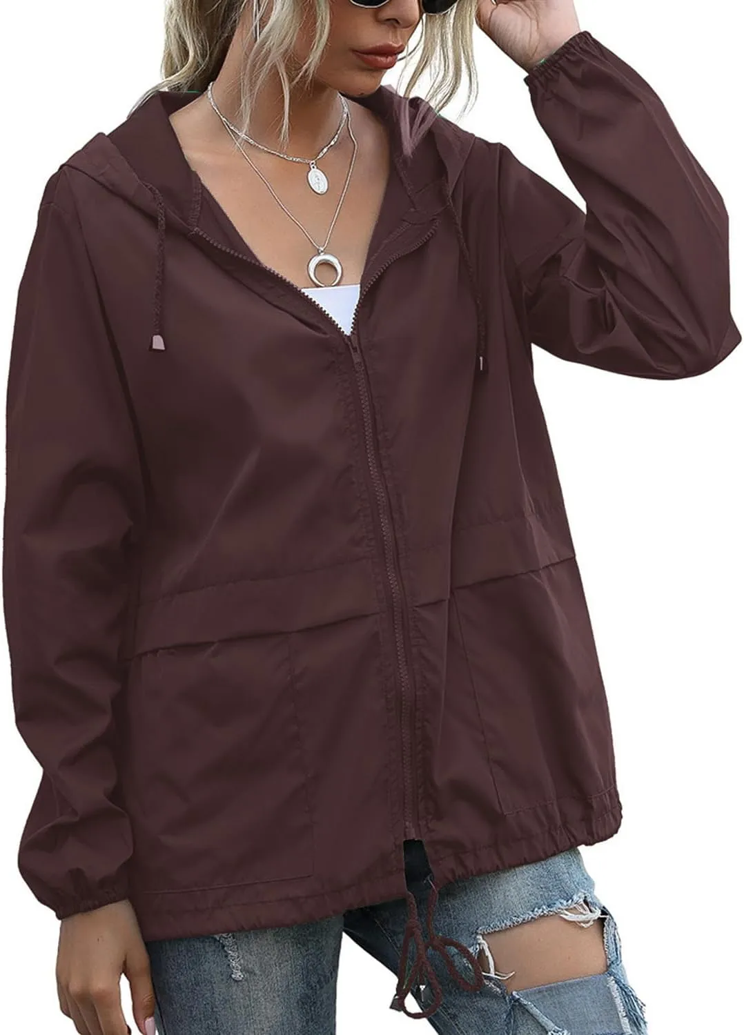 PESION Women's Waterproof Raincoat Lightweight Rain Jacket Hooded Windbreaker with Pocket for Outdoor