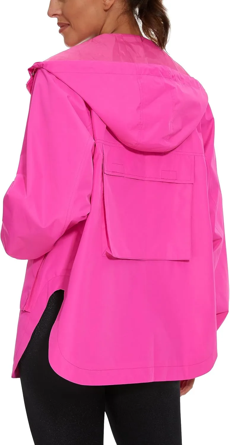 PESION Womens Waterproof Raincoat Lightweight Rain Jacket Trench Coat Hooded Windbreaker With Pockets for Outdoor