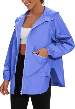 PESION Womens Waterproof Raincoat Lightweight Rain Jacket Trench Coat Hooded Windbreaker With Pockets for Outdoor