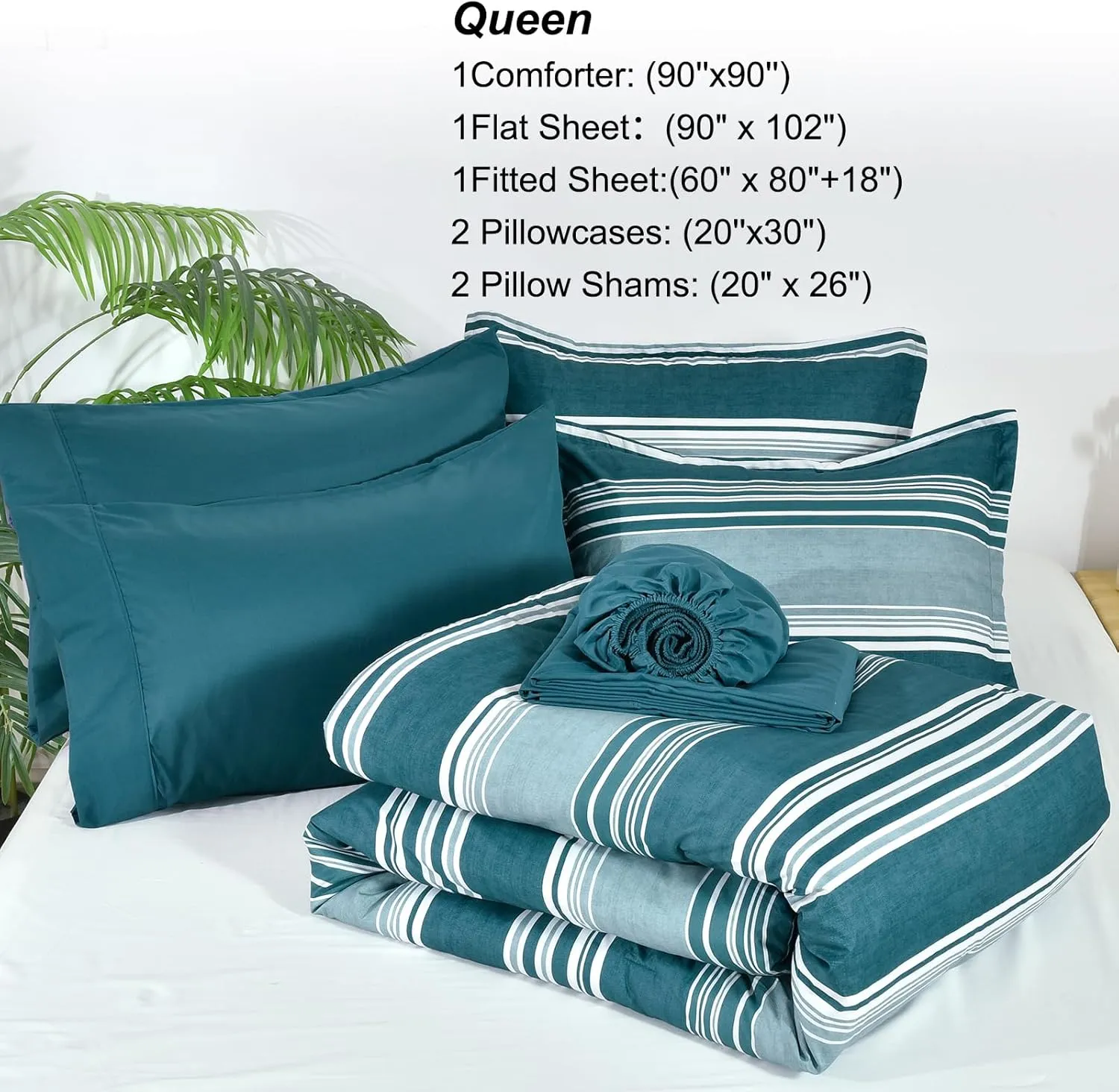 PHF 7 Pieces Queen Comforter Set, Striped Bed in A Bag, Teal Green Stripe Bedding & 18" Deep Pocket All Season, Ultra Soft Bedding Sets with Comforter, Sheets, Pillowcases & Shams