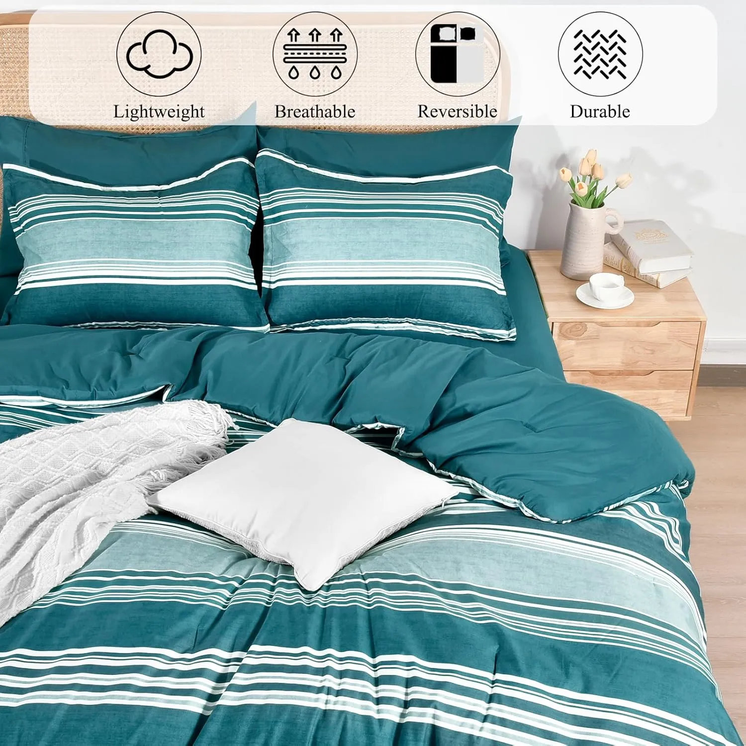PHF 7 Pieces Queen Comforter Set, Striped Bed in A Bag, Teal Green Stripe Bedding & 18" Deep Pocket All Season, Ultra Soft Bedding Sets with Comforter, Sheets, Pillowcases & Shams