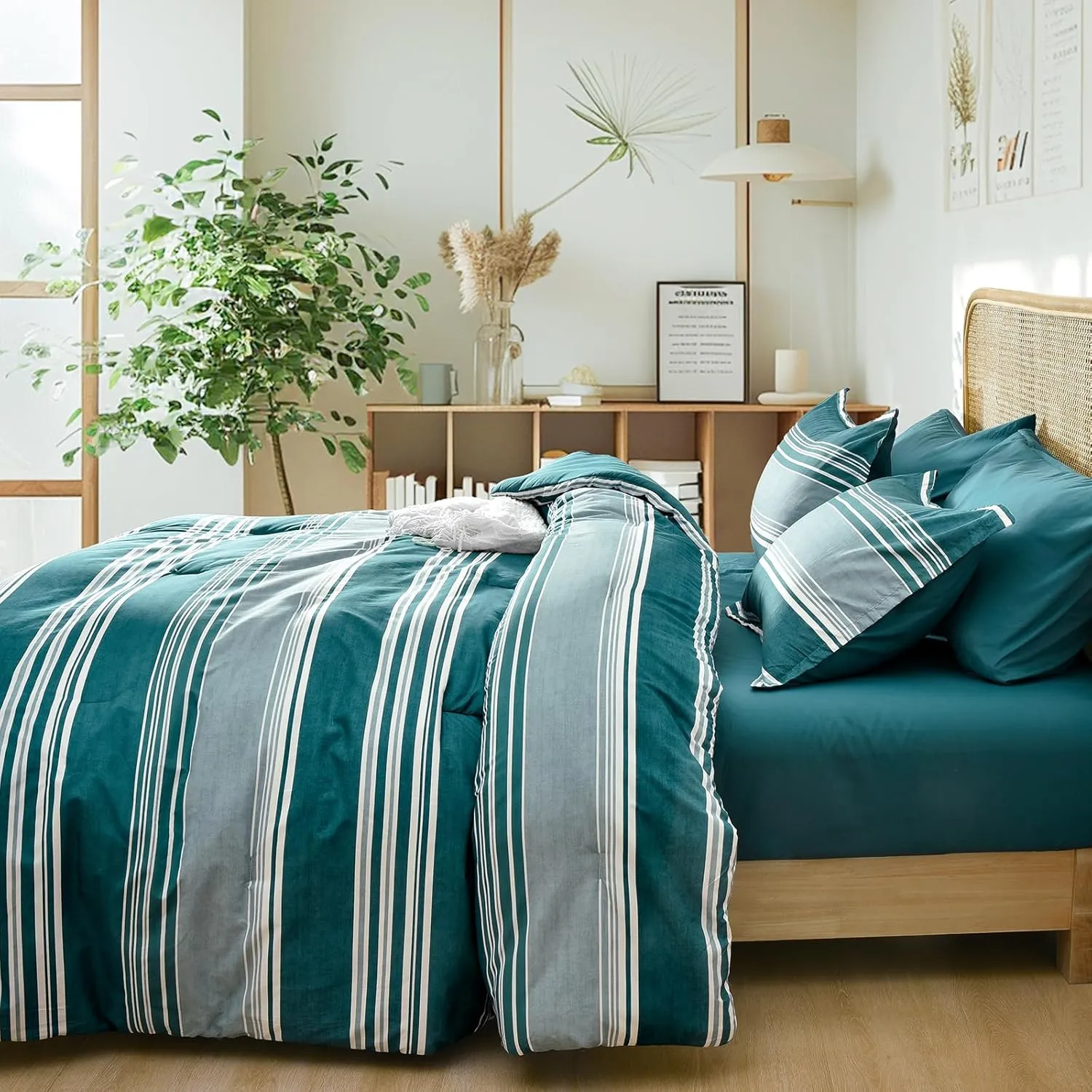 PHF 7 Pieces Queen Comforter Set, Striped Bed in A Bag, Teal Green Stripe Bedding & 18" Deep Pocket All Season, Ultra Soft Bedding Sets with Comforter, Sheets, Pillowcases & Shams