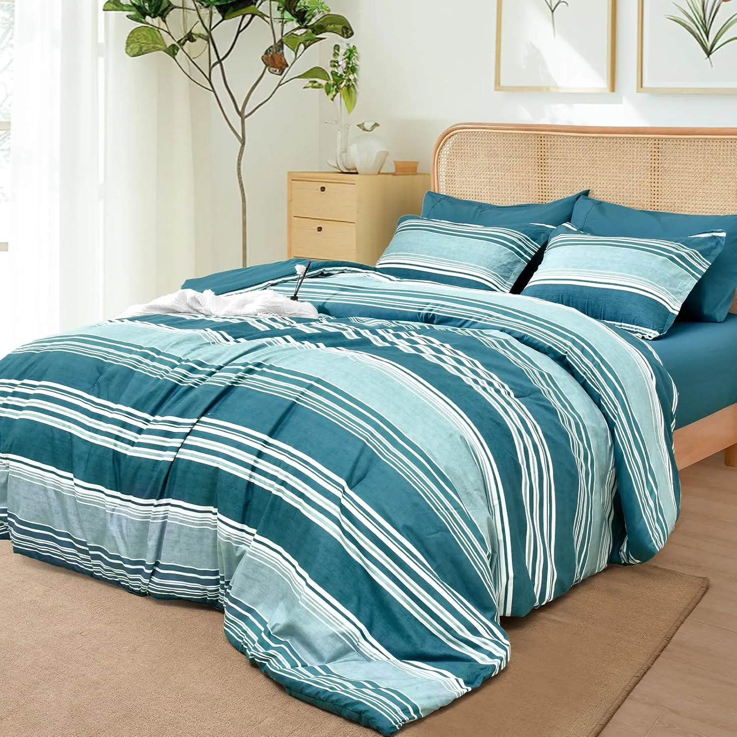 PHF 7 Pieces Queen Comforter Set, Striped Bed in A Bag, Teal Green Stripe Bedding & 18" Deep Pocket All Season, Ultra Soft Bedding Sets with Comforter, Sheets, Pillowcases & Shams