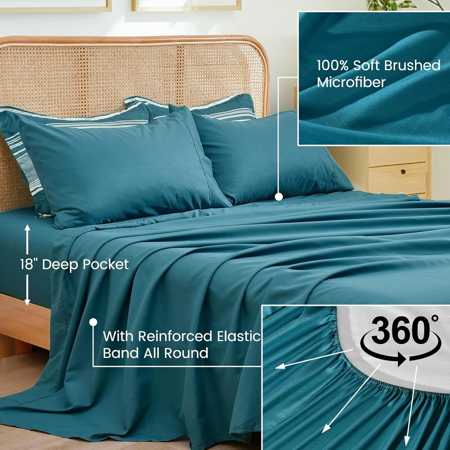 PHF 7 Pieces Queen Comforter Set, Striped Bed in A Bag, Teal Green Stripe Bedding & 18" Deep Pocket All Season, Ultra Soft Bedding Sets with Comforter, Sheets, Pillowcases & Shams