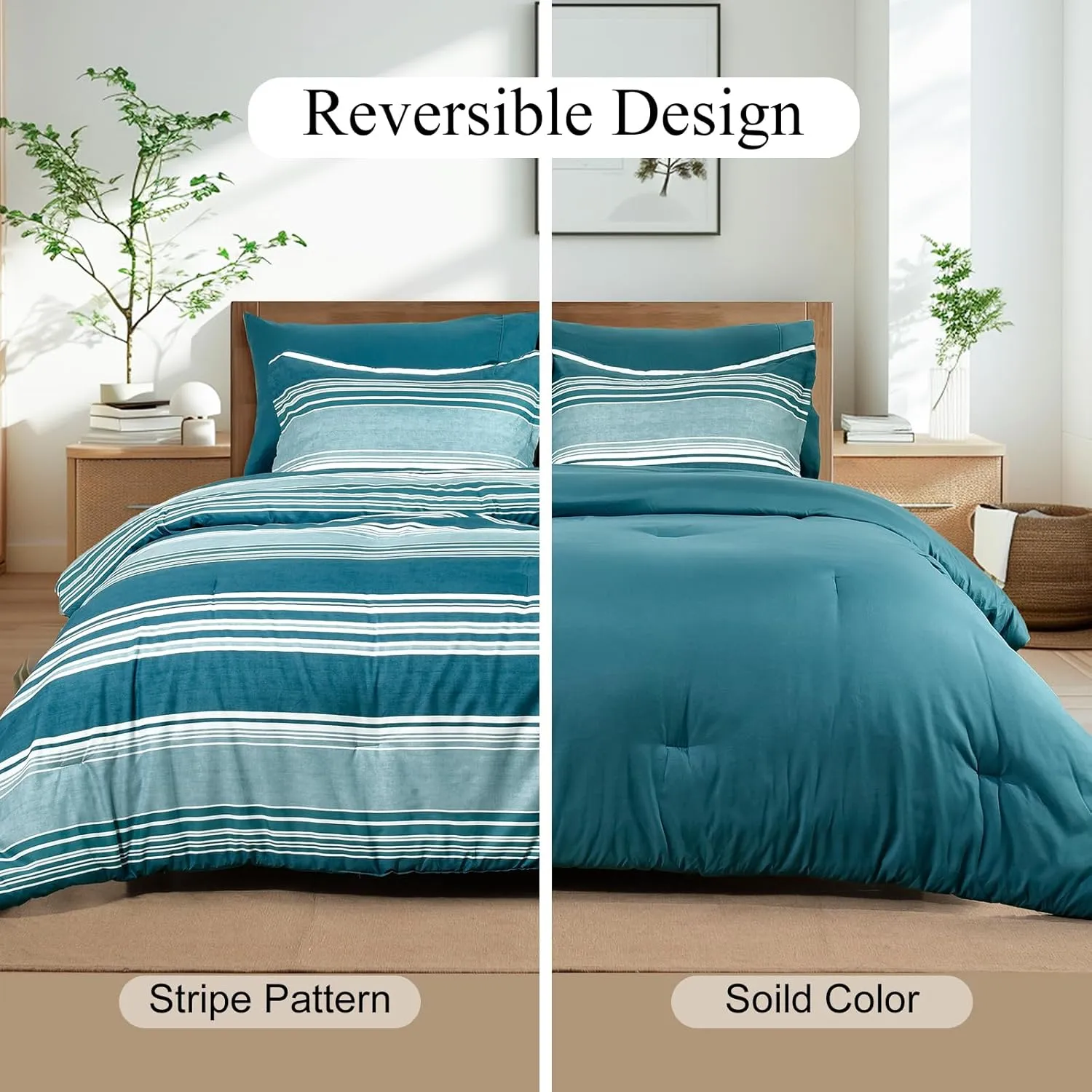 PHF 7 Pieces Queen Comforter Set, Striped Bed in A Bag, Teal Green Stripe Bedding & 18" Deep Pocket All Season, Ultra Soft Bedding Sets with Comforter, Sheets, Pillowcases & Shams