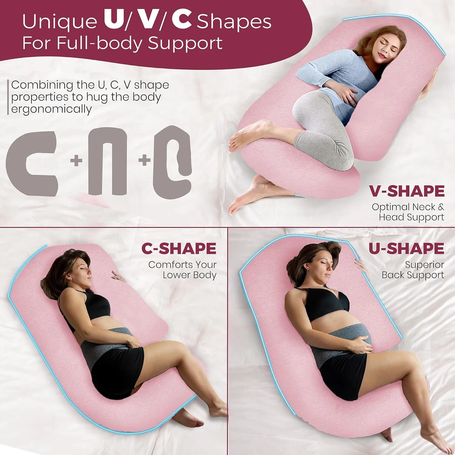 PILLANI Pregnancy Pillows for Sleeping - V C U Shaped Full Body Pillow with Removable Cover, 57inch Cooling Maternity Pillow for Side Sleepers, Support for Back Belly Legs HIPS - Pregnancy Must Haves