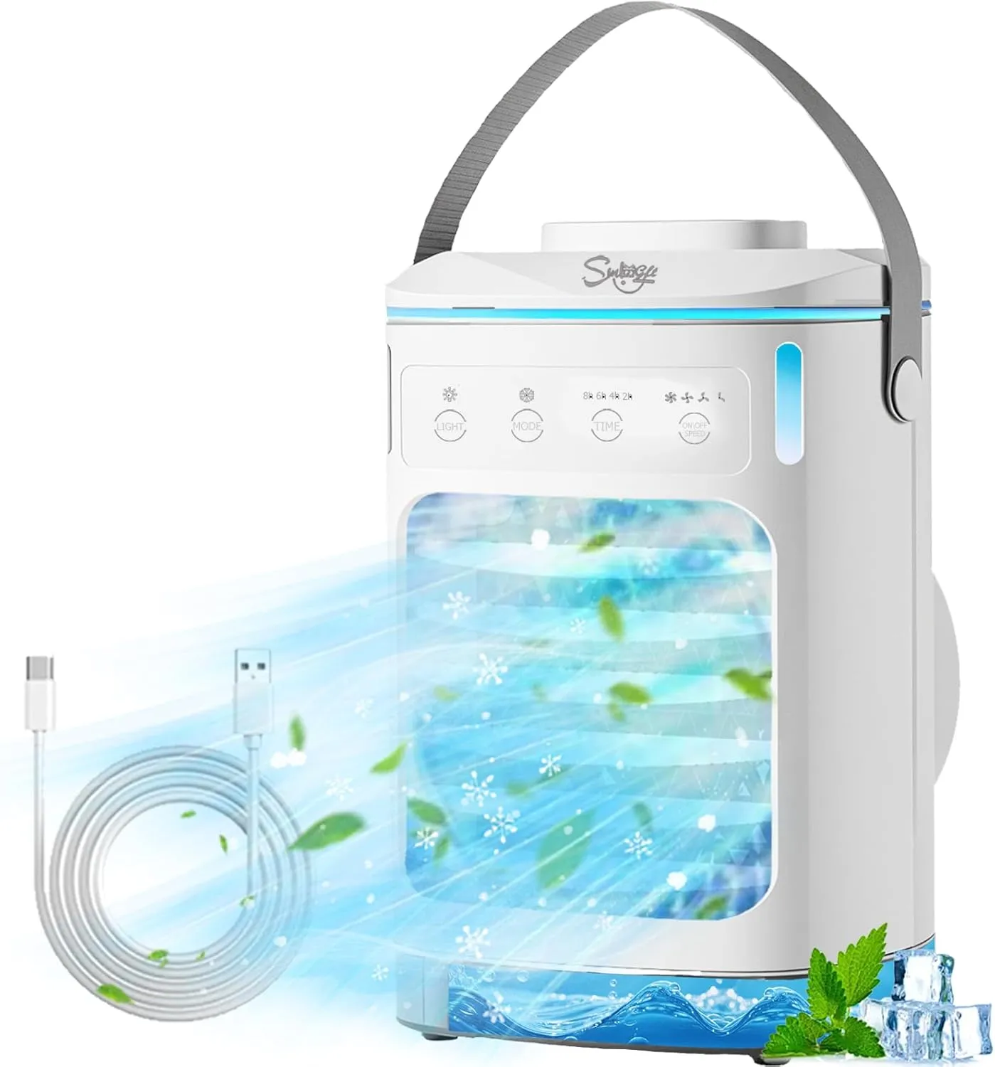 Portable Air Conditioners, SMLEGFT Evaporative Air Cooler with 3 Speeds & 2/4/6/8H Timer, 900ml Large Tank & 7 Color Light, Dual Mist Spray & Dual Icebox, Personal Air Conditioner for Bedroom Office