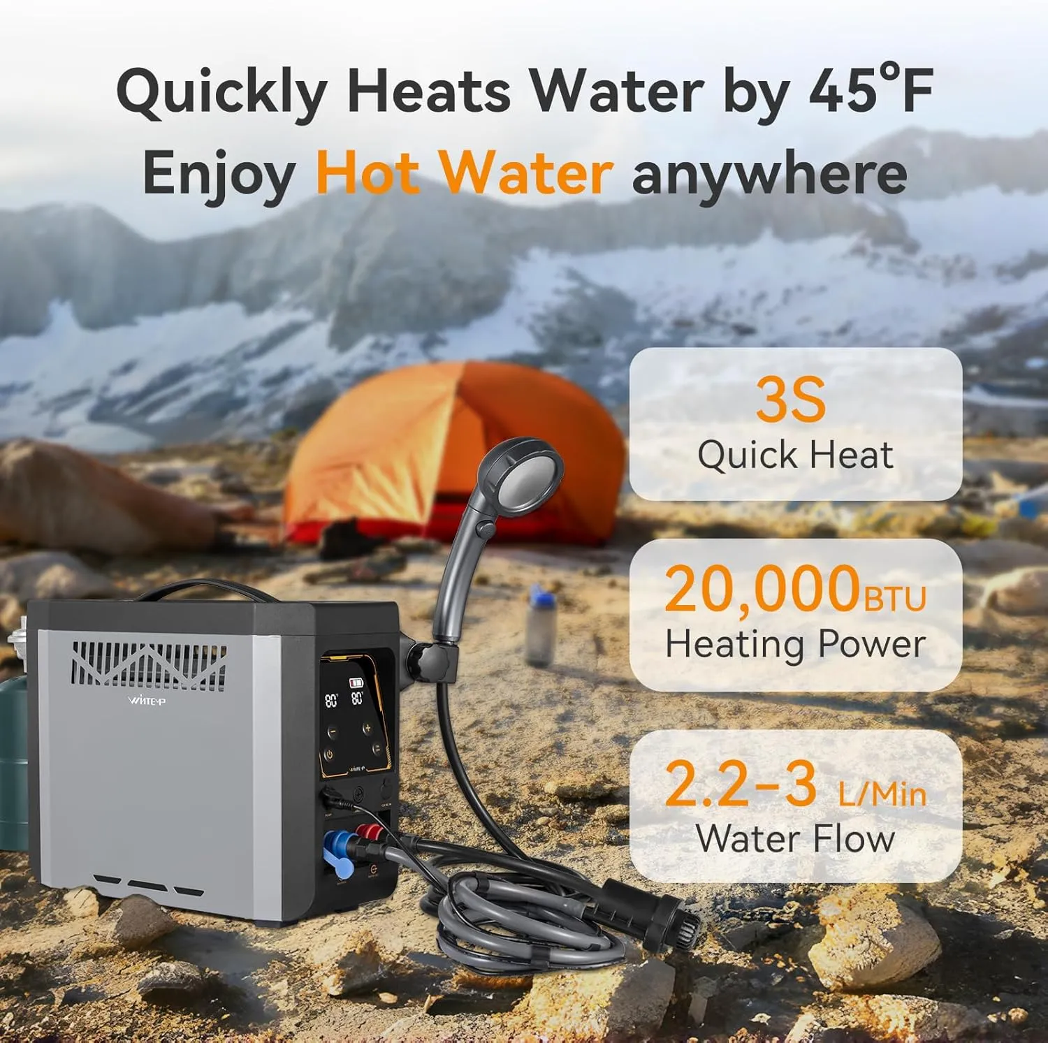 Portable Propane Water Heater for Camping, Built-in 4000mAh Rechargeable Battery with Thermostatic Control and Overheating Protection, Tankless Water Heater for Outdoor Shower with Pump Showerhead