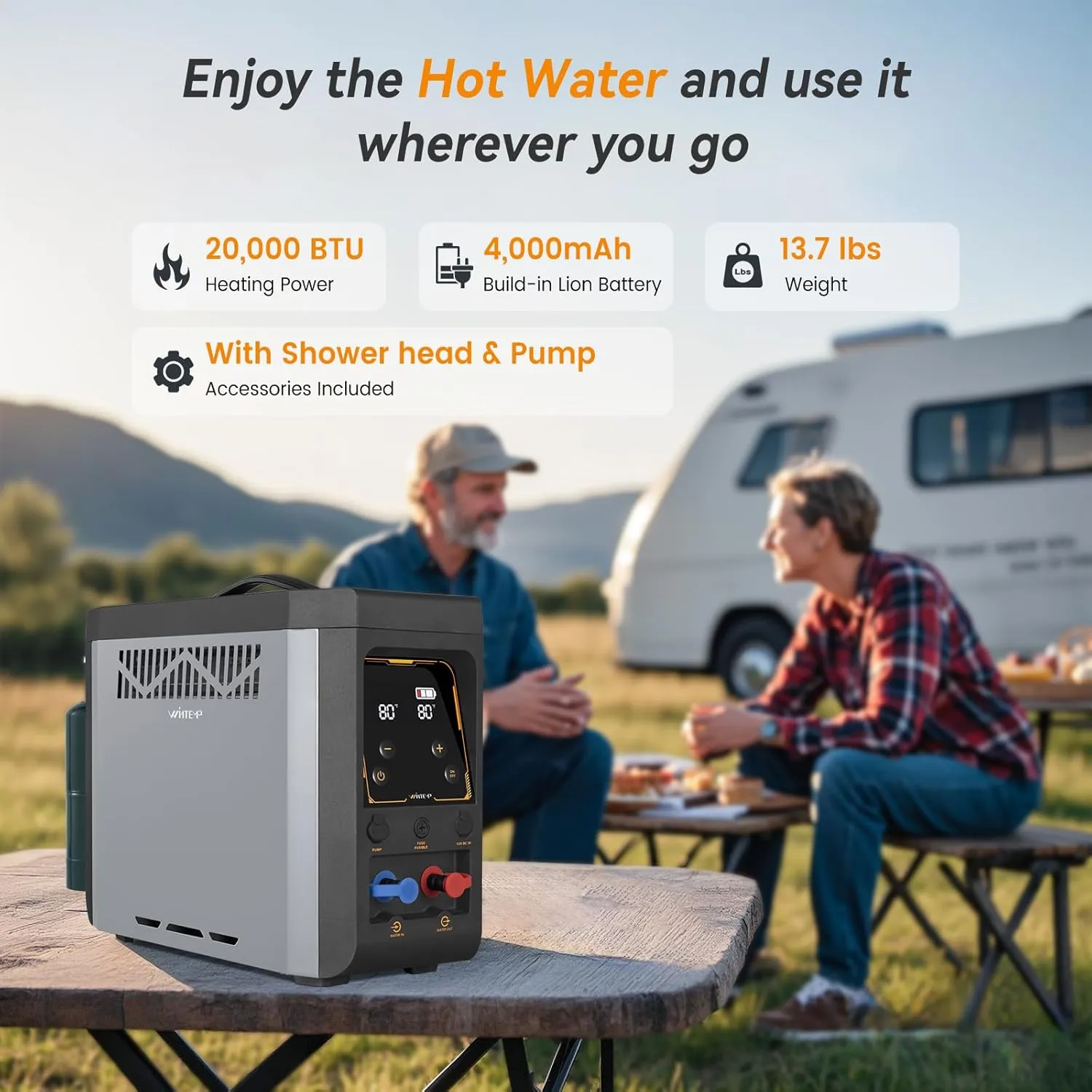 Portable Propane Water Heater for Outdoor Camping Shower with Rechargeable and Multi-Protection, Ideal for Outdoor Cleaning & Off-Grid Hot Water Needs