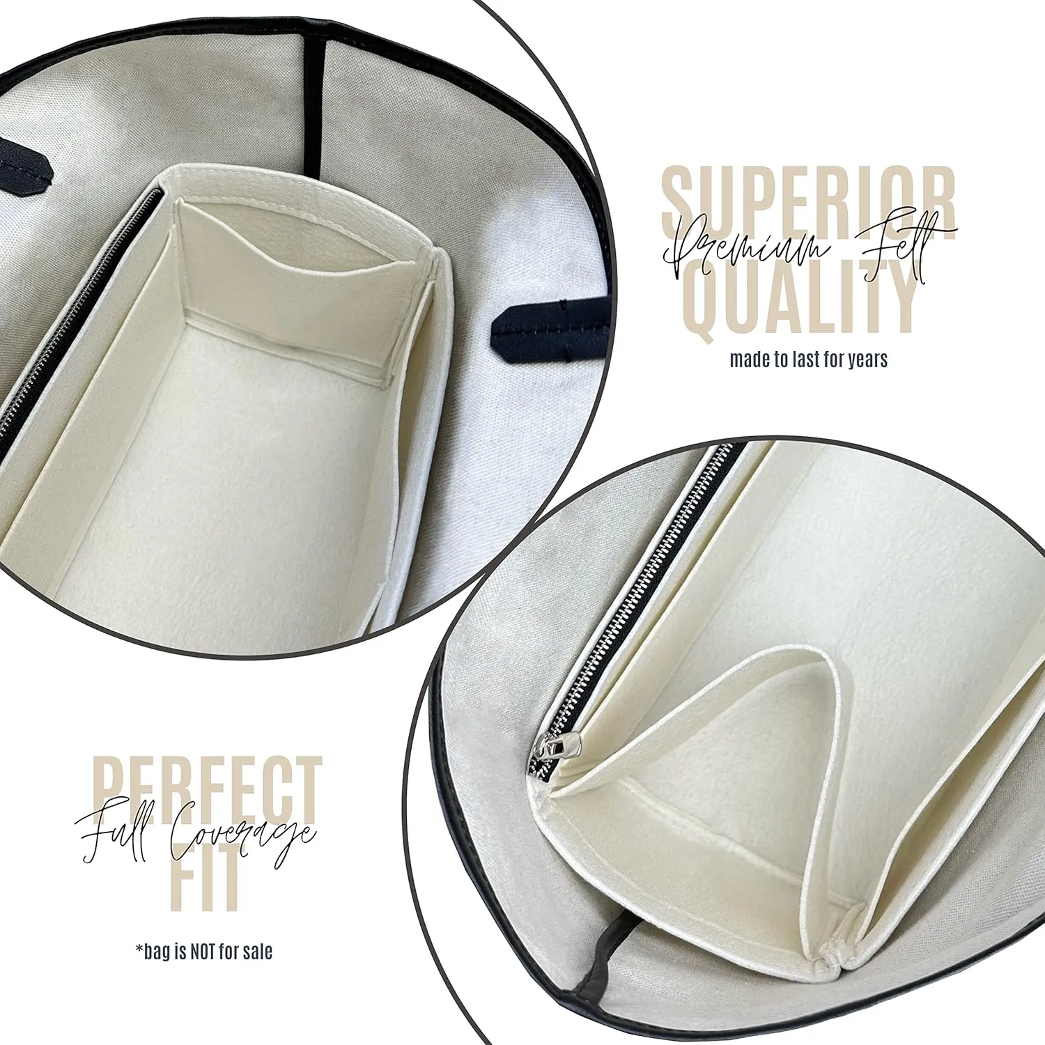 Premium Bag Organizer fits Saint Louis PM Bag Organizer and St Louis GM Tote Bag Insert, Handmade 2mm Double Layered Oval Shaped Felt Snug Sturdy Silver Zipper (For St Louis PM, Beige)