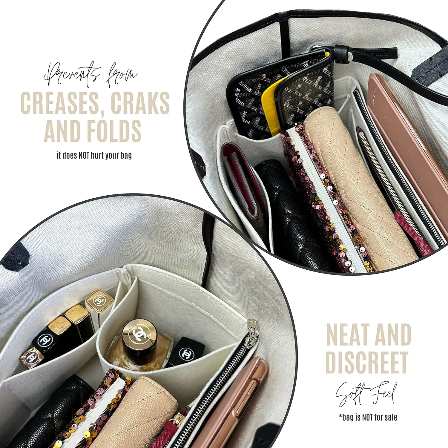 Premium Bag Organizer fits Saint Louis PM Bag Organizer and St Louis GM Tote Bag Insert, Handmade 2mm Double Layered Oval Shaped Felt Snug Sturdy Silver Zipper (For St Louis PM, Beige)