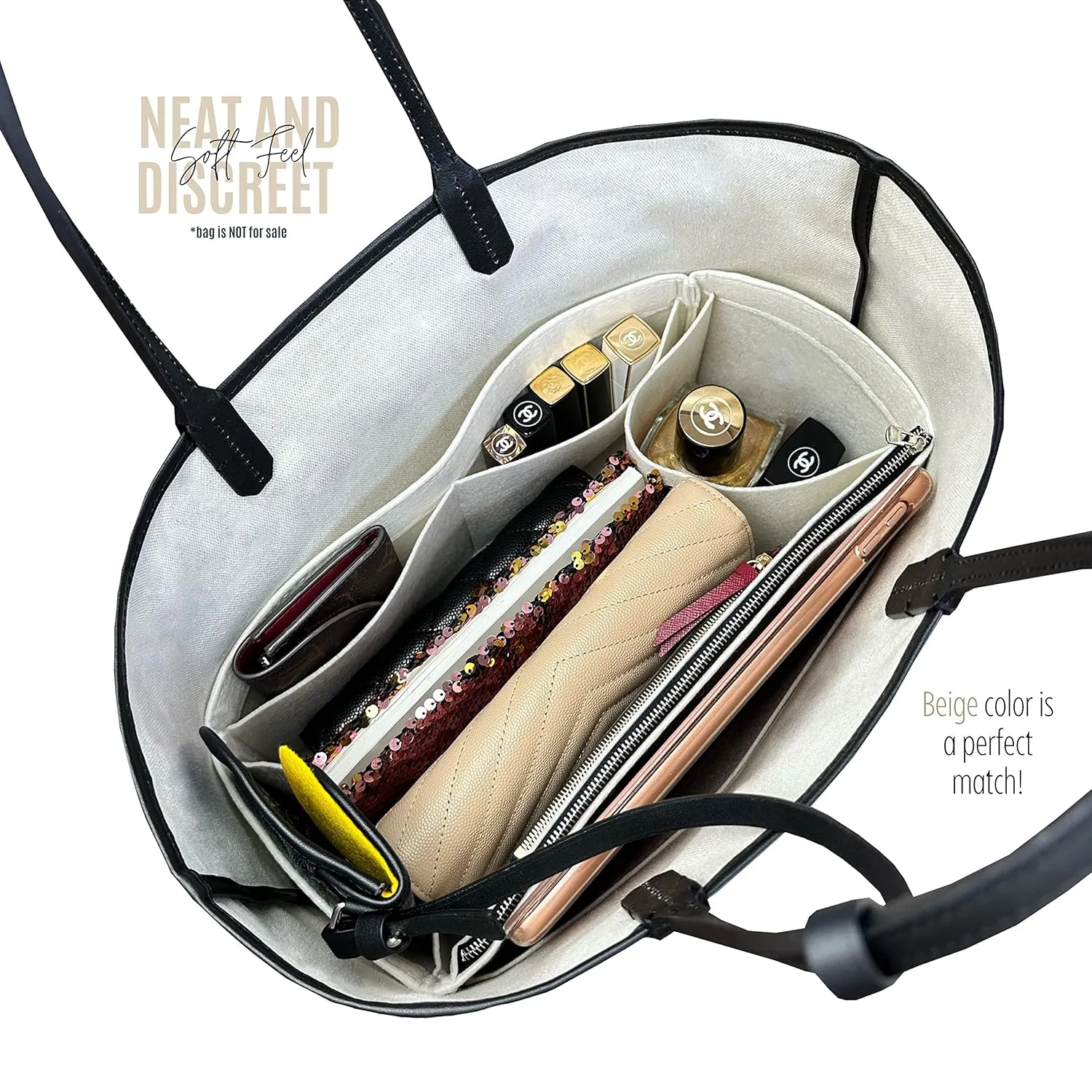 Premium Bag Organizer fits Saint Louis PM Bag Organizer and St Louis GM Tote Bag Insert, Handmade 2mm Double Layered Oval Shaped Felt Snug Sturdy Silver Zipper (For St Louis PM, Beige)