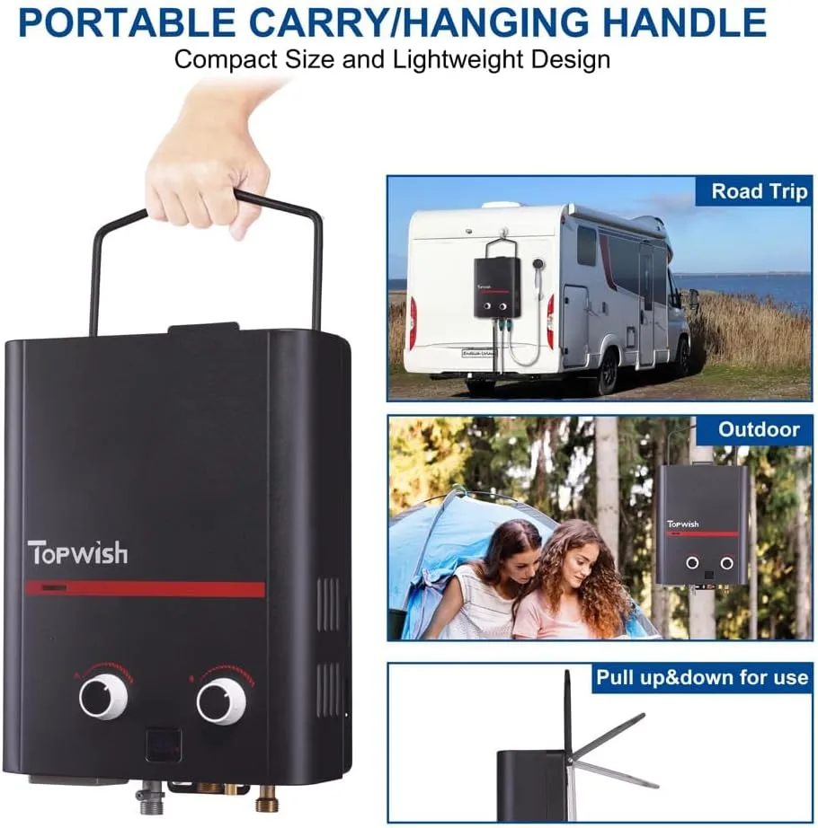 Propane Water Heater Tankless, 5.5L Portable Water Heater, 1.45GPM Portable Hot Water Heaters with Multi-Protection, Instant Camping Water Heaters for Camping, Outdoors Shower, RV Shower,Black