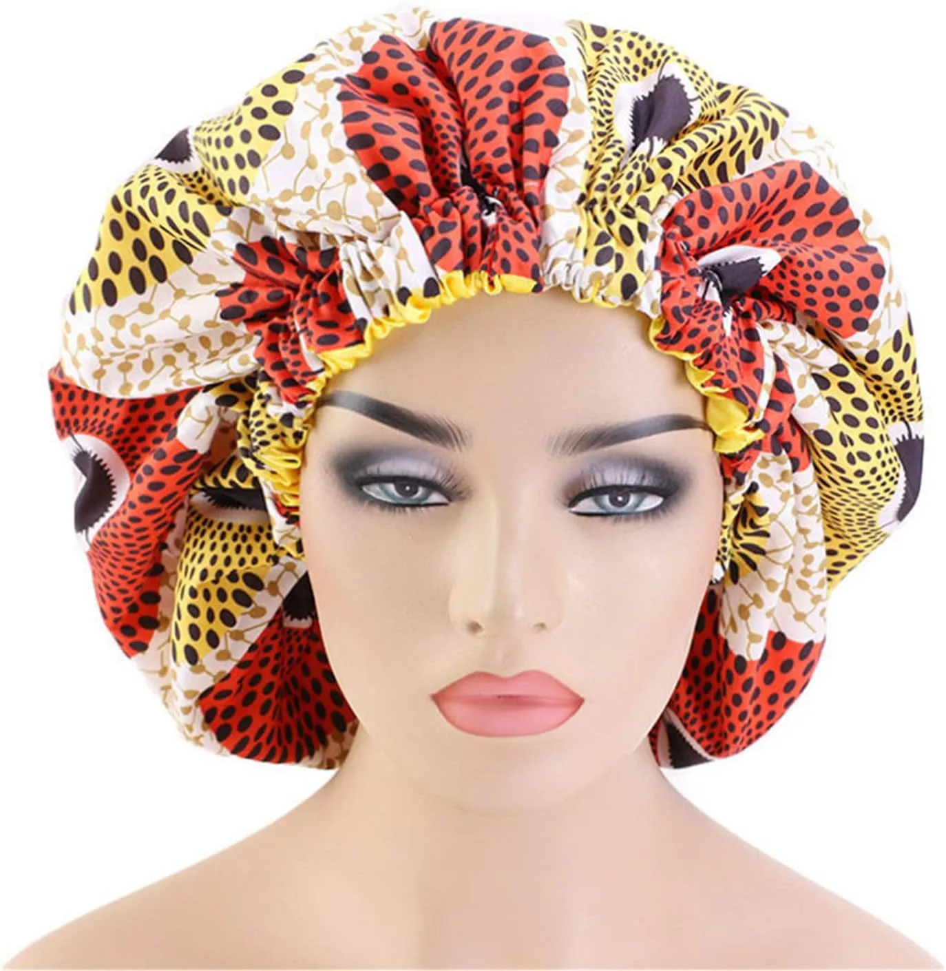 Qianmome Women Double-Layer Extra Large Print Satin Bonnet Sleep Cap African Pattern Fabric Ankara Bonnets