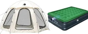 Queen Camping Air Mattress   Screen Tent, 16 Inch Luxury Double High Blow Up Mattress with Cordless Built-in Pump, 10x10 FT Outdoor Camping Tent Canopy with Removable Waterproof Rainfly