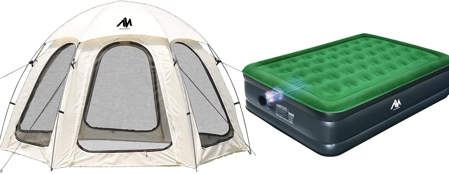 Queen Camping Air Mattress   Screen Tent, 16 Inch Luxury Double High Blow Up Mattress with Cordless Built-in Pump, 10x10 FT Outdoor Camping Tent Canopy with Removable Waterproof Rainfly