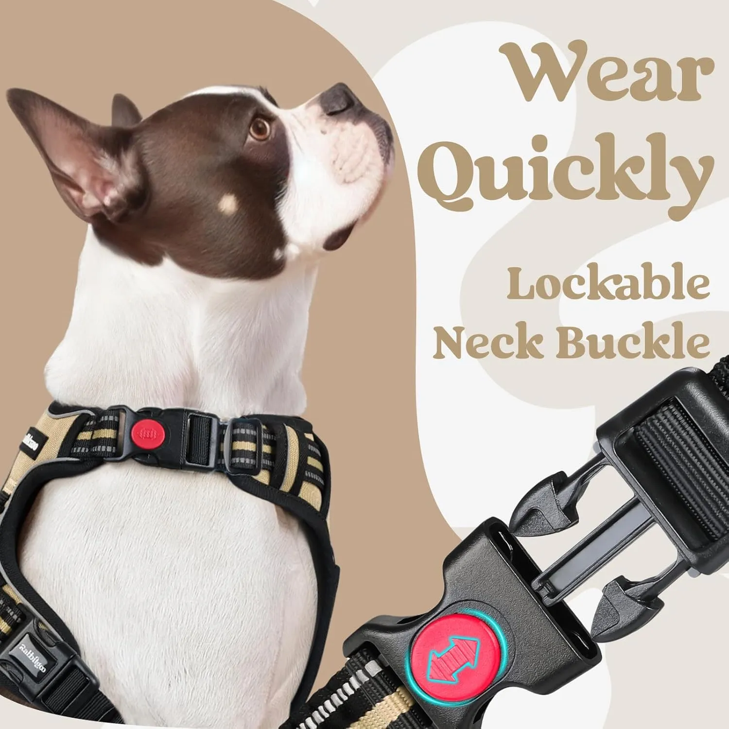 rabbitgoo Dog Harness for Large, No Pull Pet Harness with 3 Buckles, Adjustable Soft Padded Pooch Vest with Instant Control Handle, Easy Walking Reflective Pet Vest for Large Dogs, Beige, L