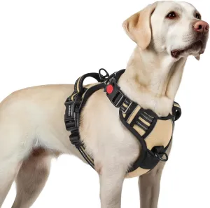 rabbitgoo Dog Harness for Large, No Pull Pet Harness with 3 Buckles, Adjustable Soft Padded Pooch Vest with Instant Control Handle, Easy Walking Reflective Pet Vest for Large Dogs, Beige, L
