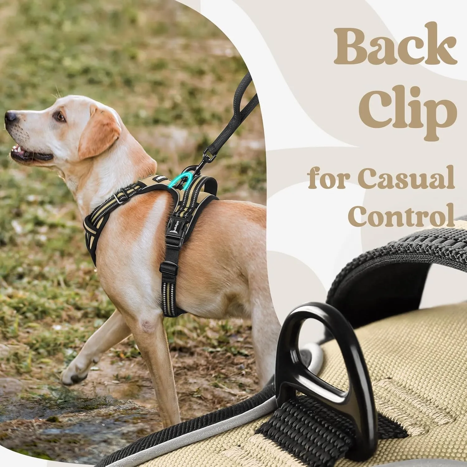 rabbitgoo Dog Harness for Large, No Pull Pet Harness with 3 Buckles, Adjustable Soft Padded Pooch Vest with Instant Control Handle, Easy Walking Reflective Pet Vest for Large Dogs, Beige, L