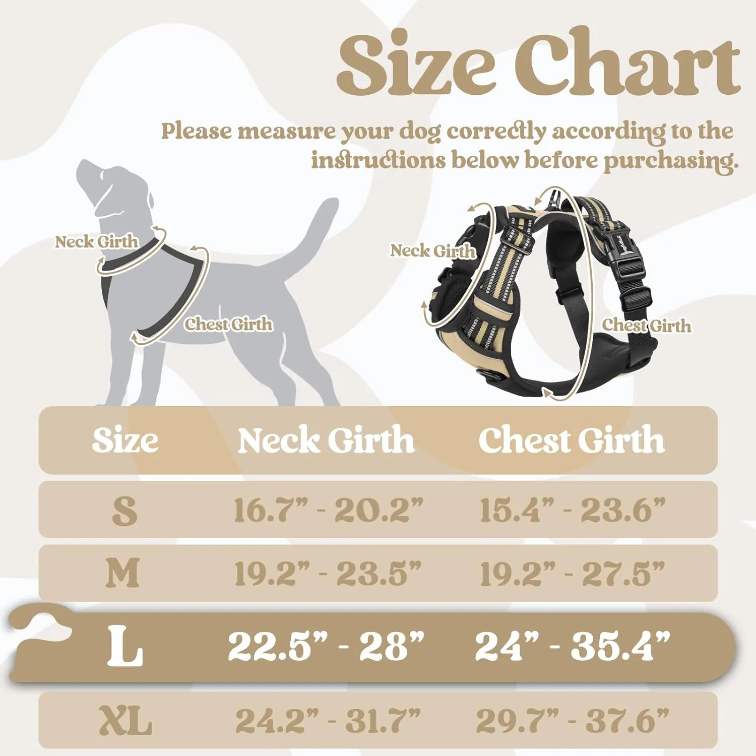 rabbitgoo Dog Harness for Large, No Pull Pet Harness with 3 Buckles, Adjustable Soft Padded Pooch Vest with Instant Control Handle, Easy Walking Reflective Pet Vest for Large Dogs, Beige, L