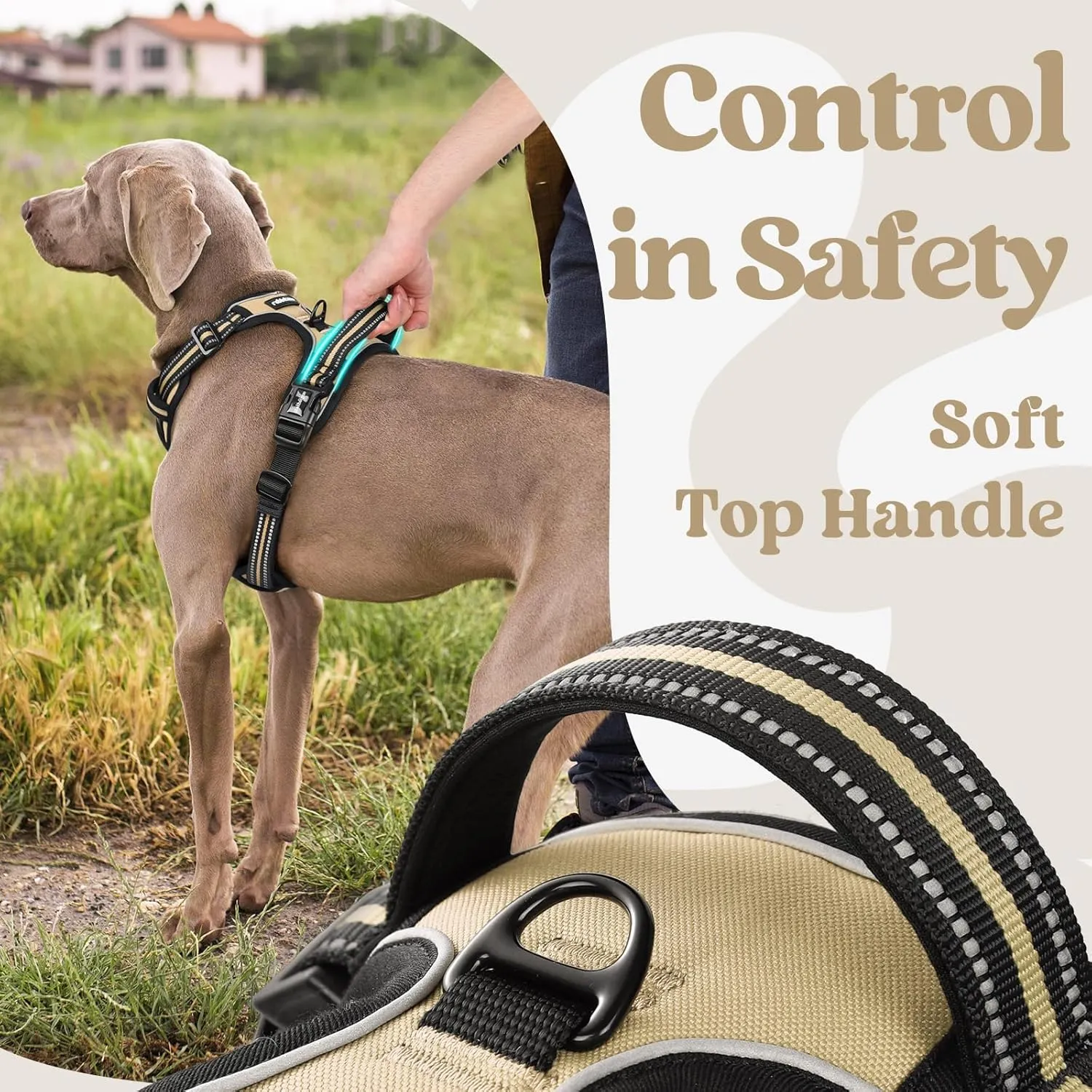 rabbitgoo Dog Harness for Large, No Pull Pet Harness with 3 Buckles, Adjustable Soft Padded Pooch Vest with Instant Control Handle, Easy Walking Reflective Pet Vest for Large Dogs, Beige, L
