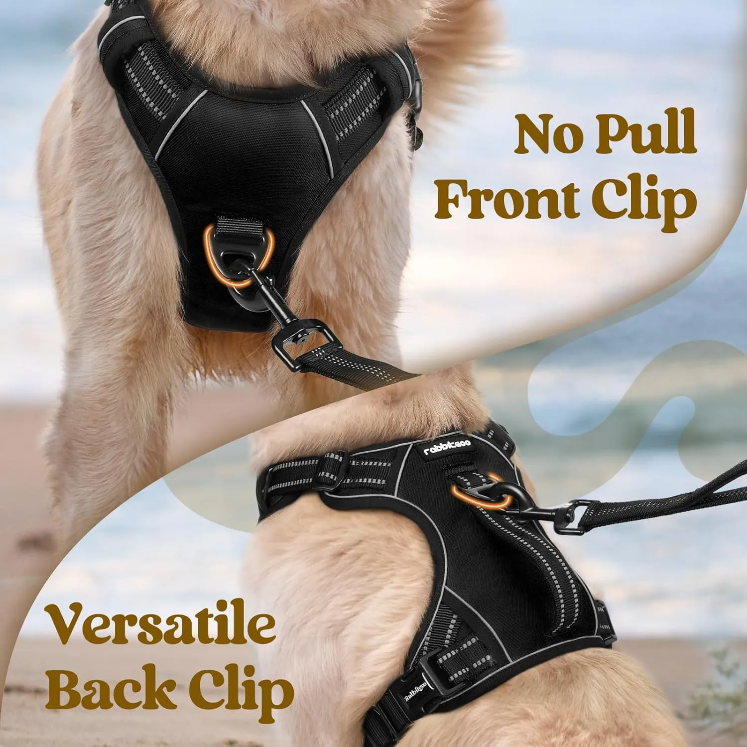 rabbitgoo Dog Harness Medium Sized, No Pull Pet Harness with Soft Padded Handle, Adjustable Reflective Vest with 3 Buckles, Easy Walking Harness with 2 Leash Clips, Black, M