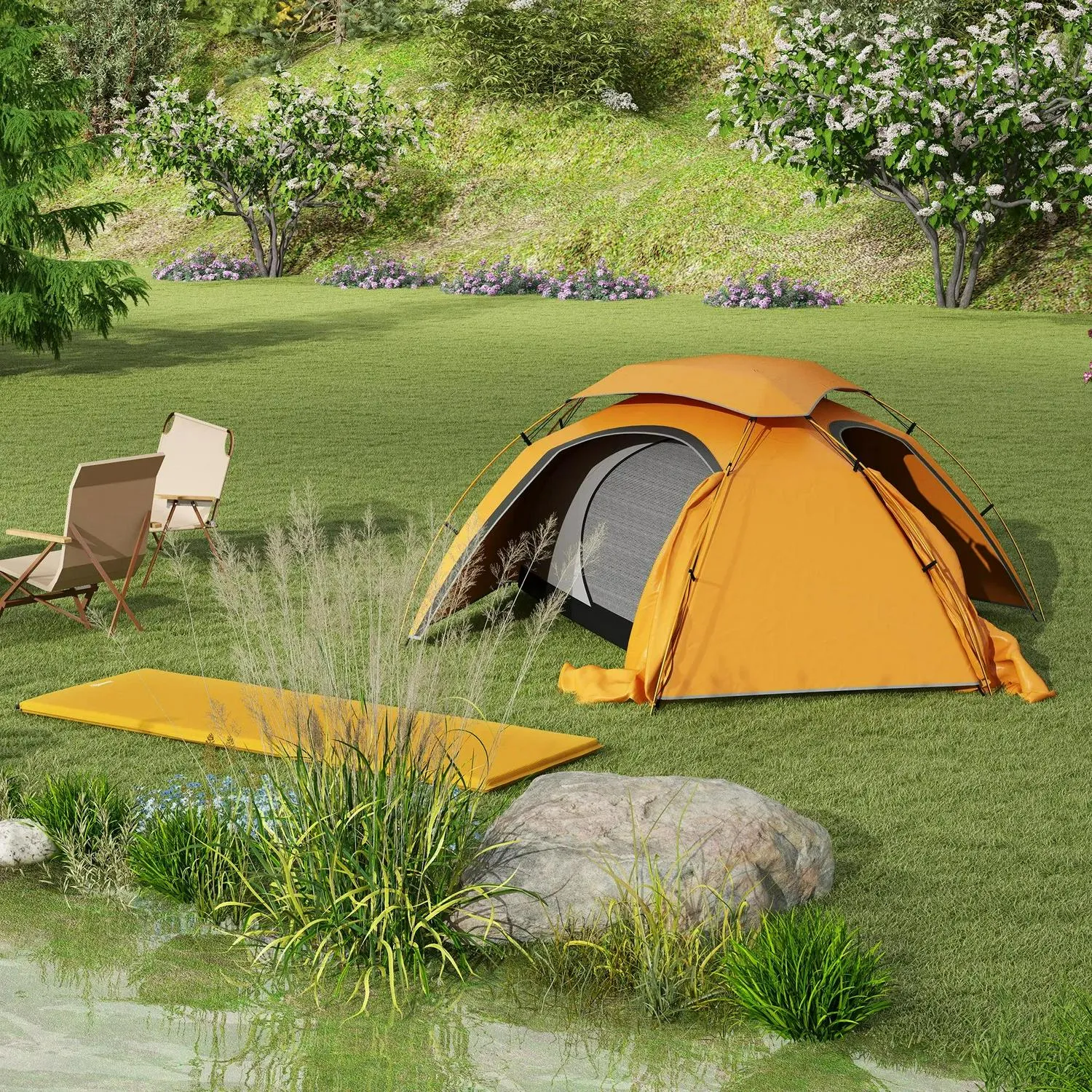 Rainfly Portable Inflatable Person Fishing Aluminium Great deal Tent Hiking, Outsunny Camping Frame, 1 For Orange/Khaki With Dome Removable Waterproof, Cost-effective Self Mattress, 2000mm And Bags,