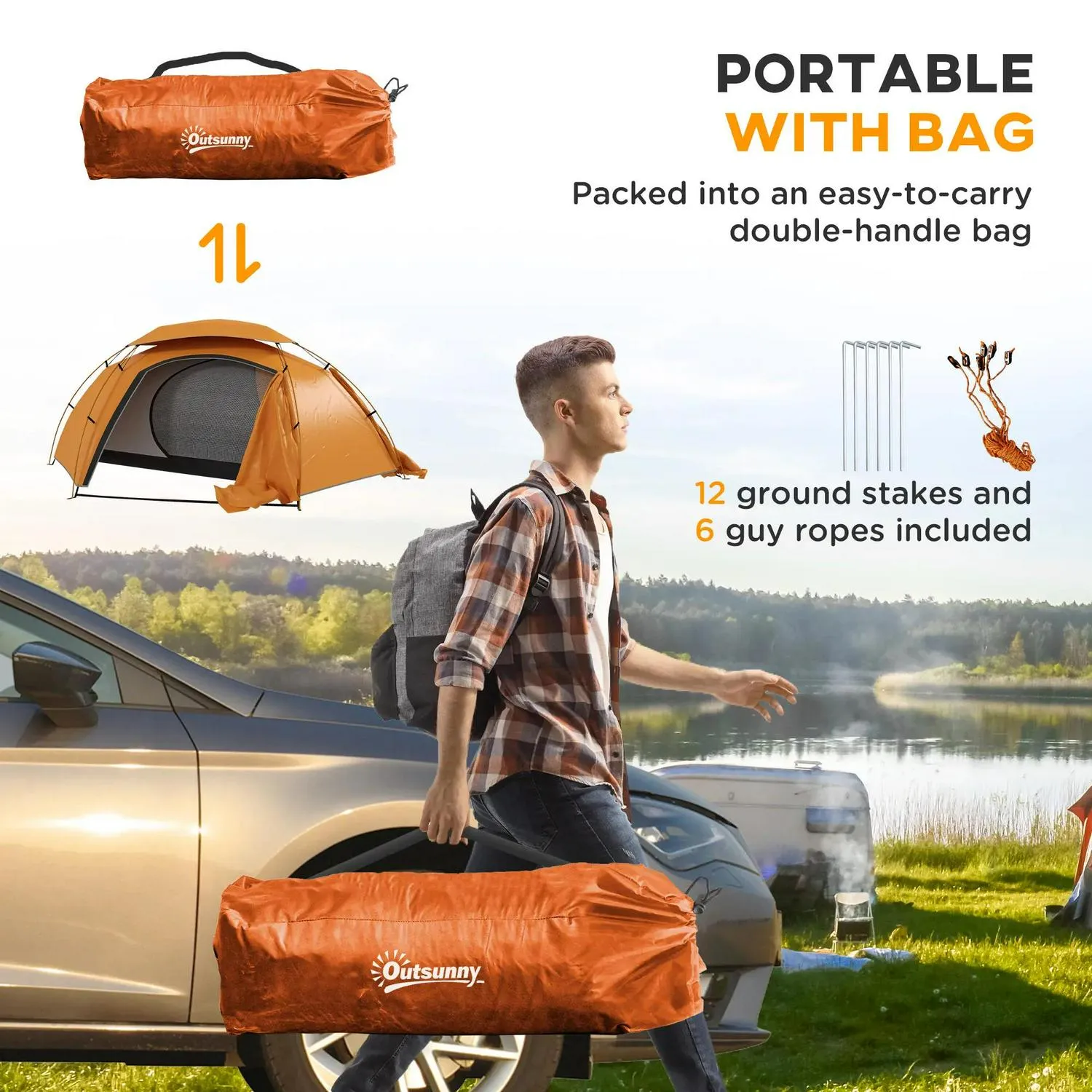 Rainfly Portable Inflatable Person Fishing Aluminium Great deal Tent Hiking, Outsunny Camping Frame, 1 For Orange/Khaki With Dome Removable Waterproof, Cost-effective Self Mattress, 2000mm And Bags,