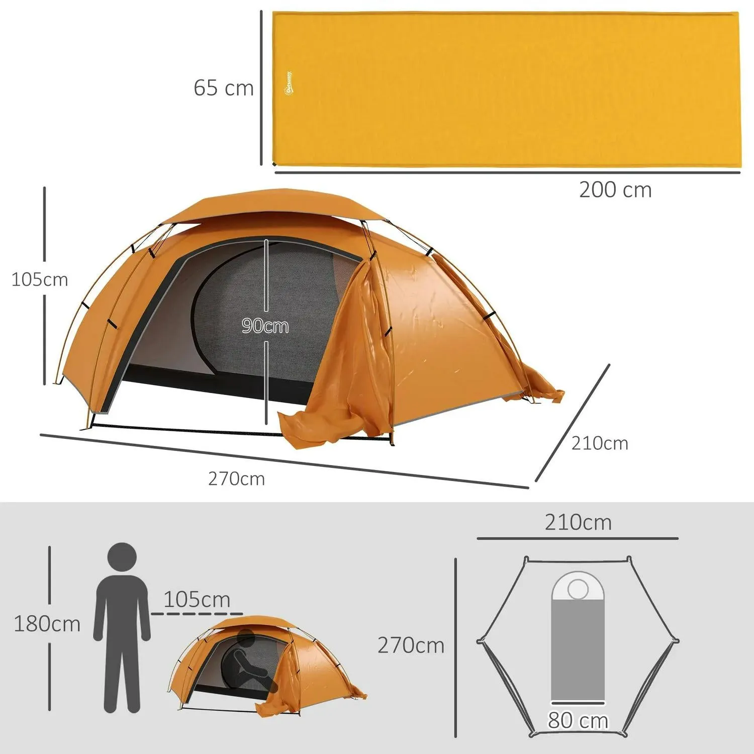 Rainfly Portable Inflatable Person Fishing Aluminium Great deal Tent Hiking, Outsunny Camping Frame, 1 For Orange/Khaki With Dome Removable Waterproof, Cost-effective Self Mattress, 2000mm And Bags,