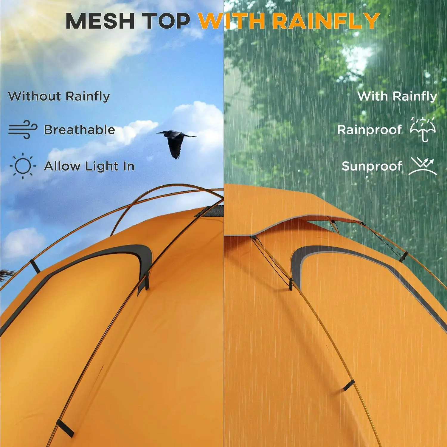Rainfly Portable Inflatable Person Fishing Aluminium Great deal Tent Hiking, Outsunny Camping Frame, 1 For Orange/Khaki With Dome Removable Waterproof, Cost-effective Self Mattress, 2000mm And Bags,