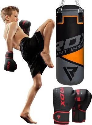RDX Kids Punching Bag 2FT with Punch Gloves, Unfilled Boxing Set, Non Tear Maya Hide Leather Junior Hanging Bag, Kickboxing MMA Grappling Muay Thai Karate Taekwondo BJJ Training