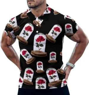 Red Rose Glass Dome Classic Golf Polos for Men Athletic Tennis Shirts Short Sleeve Sports Summer Casual Funny
