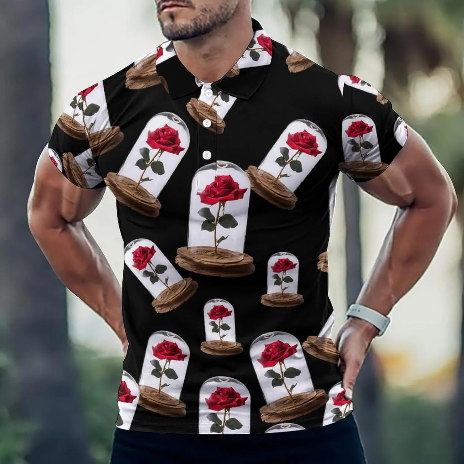 Red Rose Glass Dome Classic Golf Polos for Men Athletic Tennis Shirts Short Sleeve Sports Summer Casual Funny