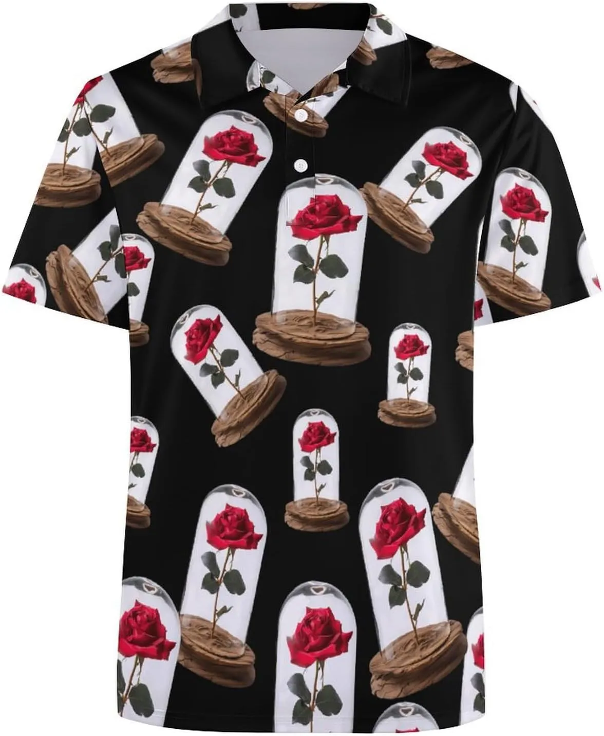Red Rose Glass Dome Classic Golf Polos for Men Athletic Tennis Shirts Short Sleeve Sports Summer Casual Funny