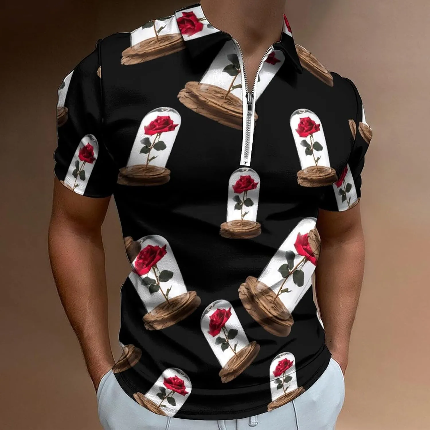 Red Rose Glass Dome Men's Casual Polo Shirt Zippered T-Shirts Short Sleeve Classic Fit Tee Polo Top