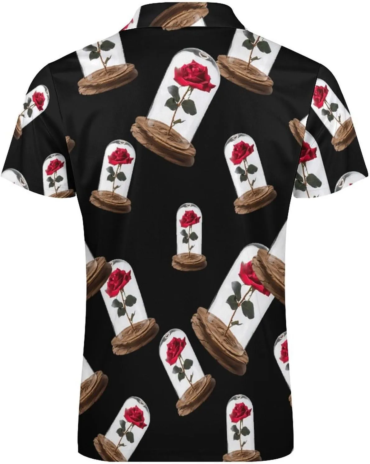 Red Rose Glass Dome Men's Casual Polo Shirt Zippered T-Shirts Short Sleeve Classic Fit Tee Polo Top