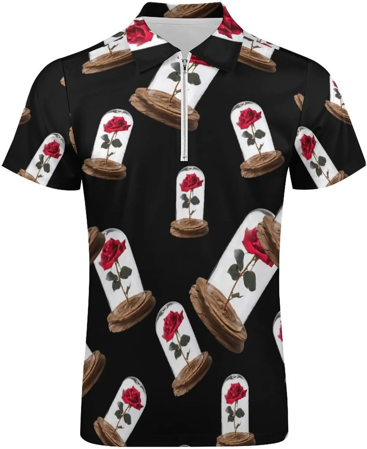 Red Rose Glass Dome Men's Casual Polo Shirt Zippered T-Shirts Short Sleeve Classic Fit Tee Polo Top