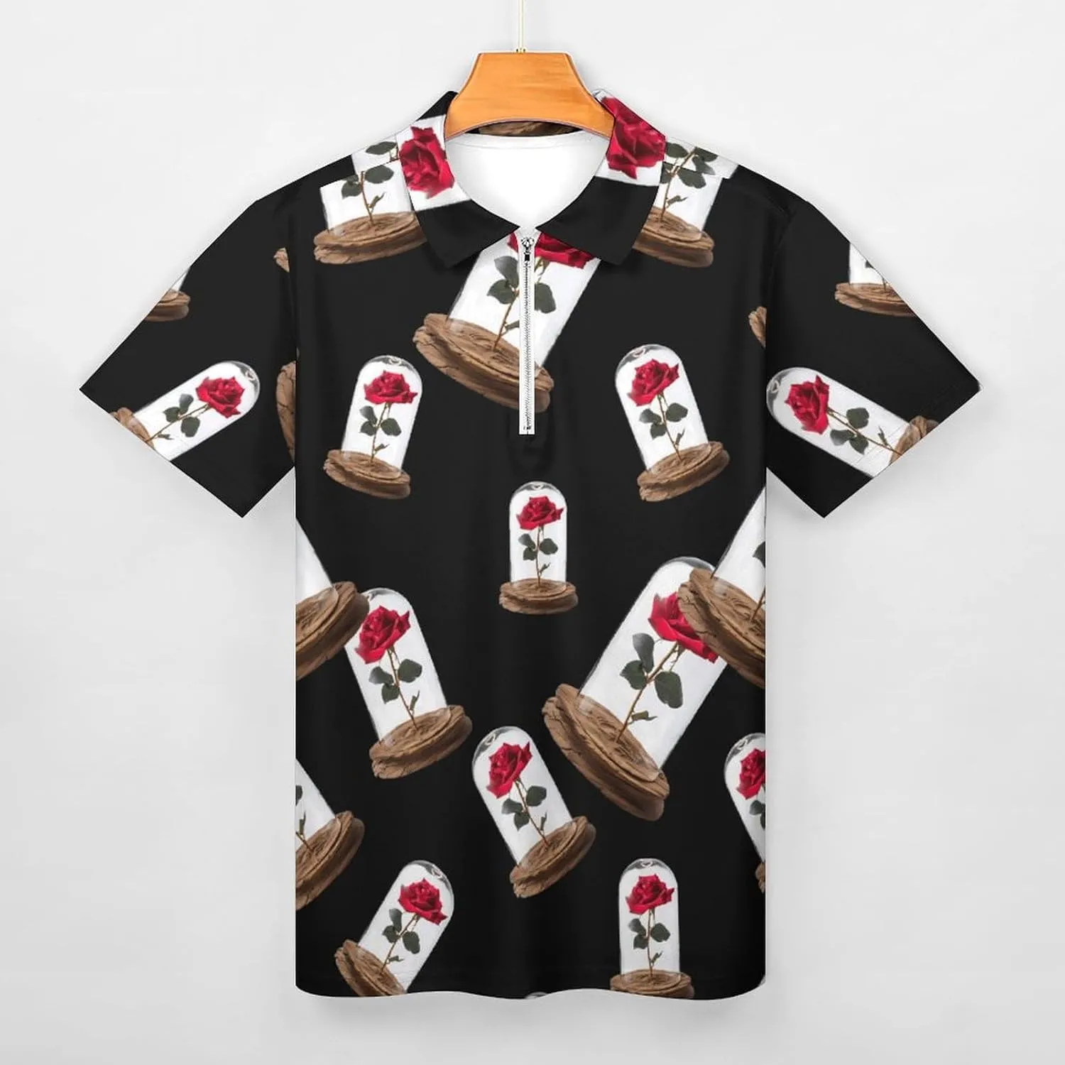 Red Rose Glass Dome Men's Casual Polo Shirt Zippered T-Shirts Short Sleeve Classic Fit Tee Polo Top