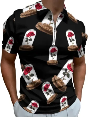 Red Rose Glass Dome Men's Casual Polo Shirt Zippered T-Shirts Short Sleeve Classic Fit Tee Polo Top