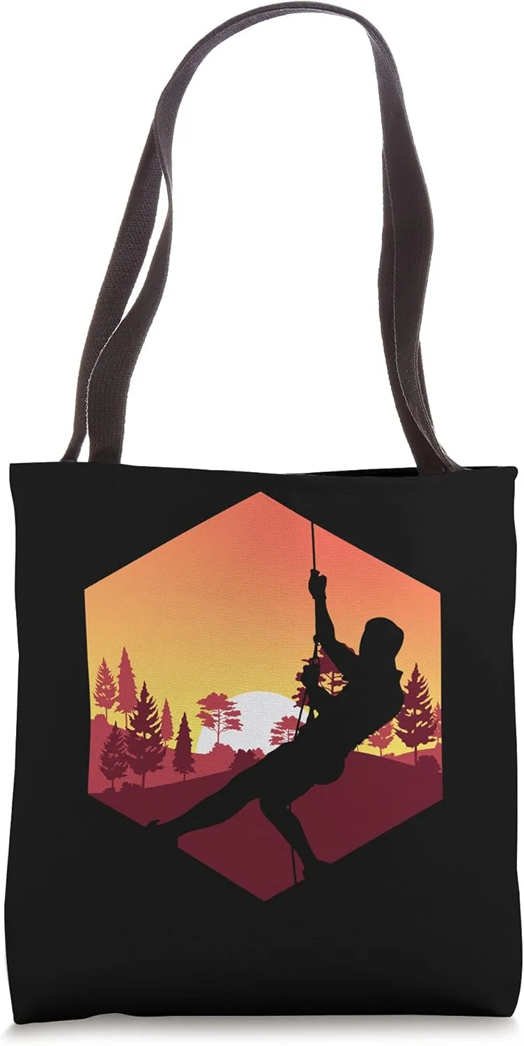 Retro Boulder Sunset Mountain Climber Forest Rock Climbing Tote Bag