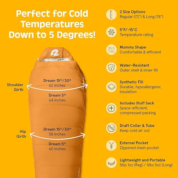 Retrospec Dream 5°, 15° 30° Sleeping Bag - Mummy Sleeping Bag for Camping, Insulated Cold Weather Sleeping Bag Lightweight Stuff Sack, Water-Resistant and Adjustable Draw Cords Adult Sleeping Bag