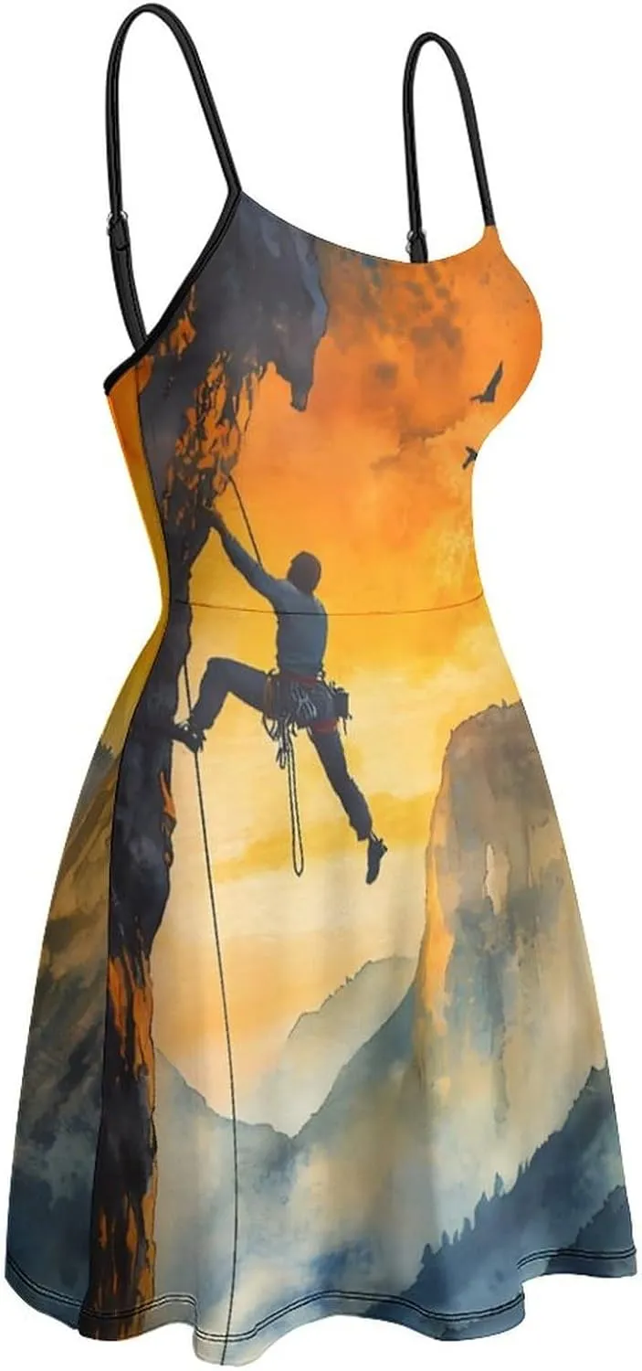 Rock Climbing Climber Mountains Slip Dress for Women Sleeveless Tank-dress Adjustable Spaghetti Mini Sundress