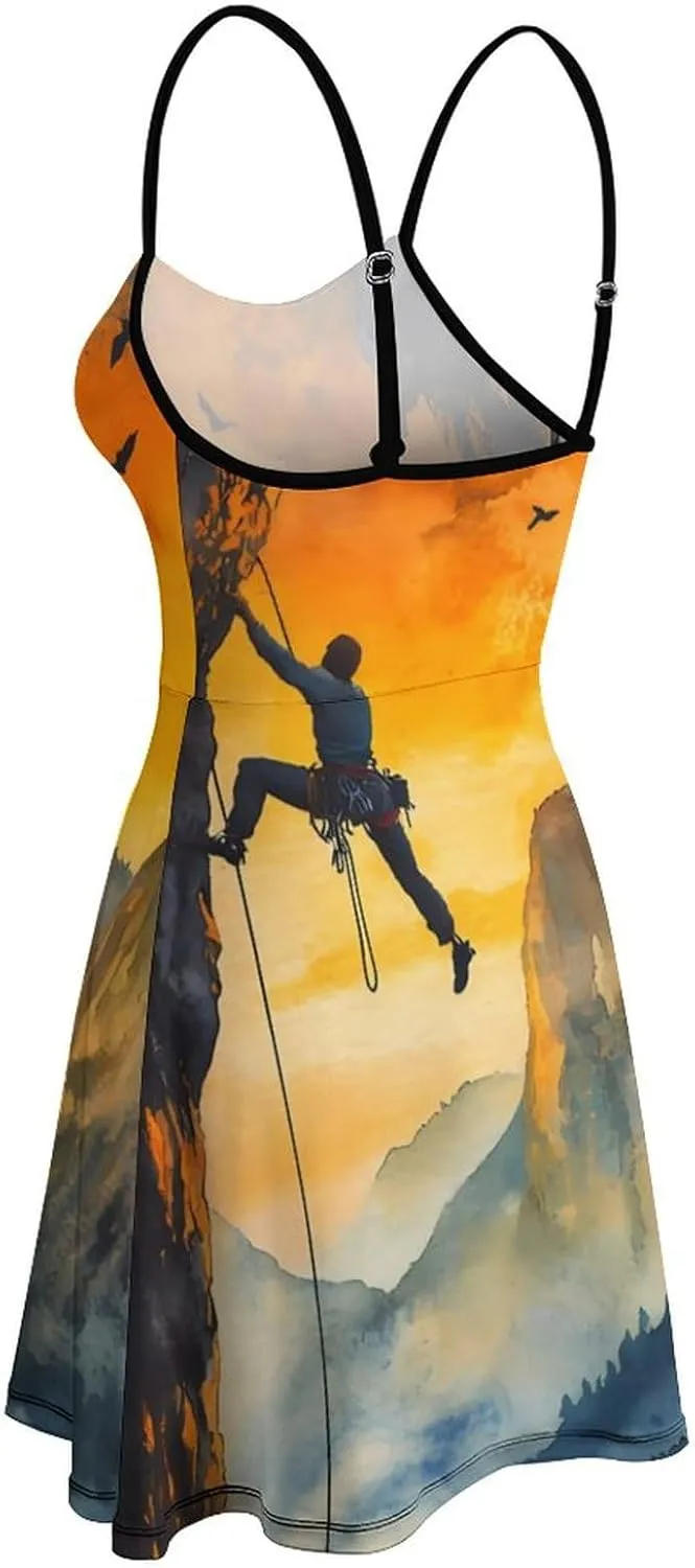 Rock Climbing Climber Mountains Slip Dress for Women Sleeveless Tank-dress Adjustable Spaghetti Mini Sundress