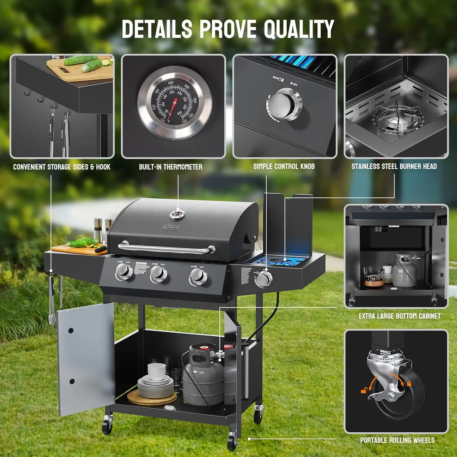 ROVSUN 3 Burner Propane Gas Grill with Side Burner, 46,000BTU BBQ Grills with Enameled Cast Iron Grates, Shelf & Cabinet for Outdoor Garden Patio Backyard Barbecue Cooking