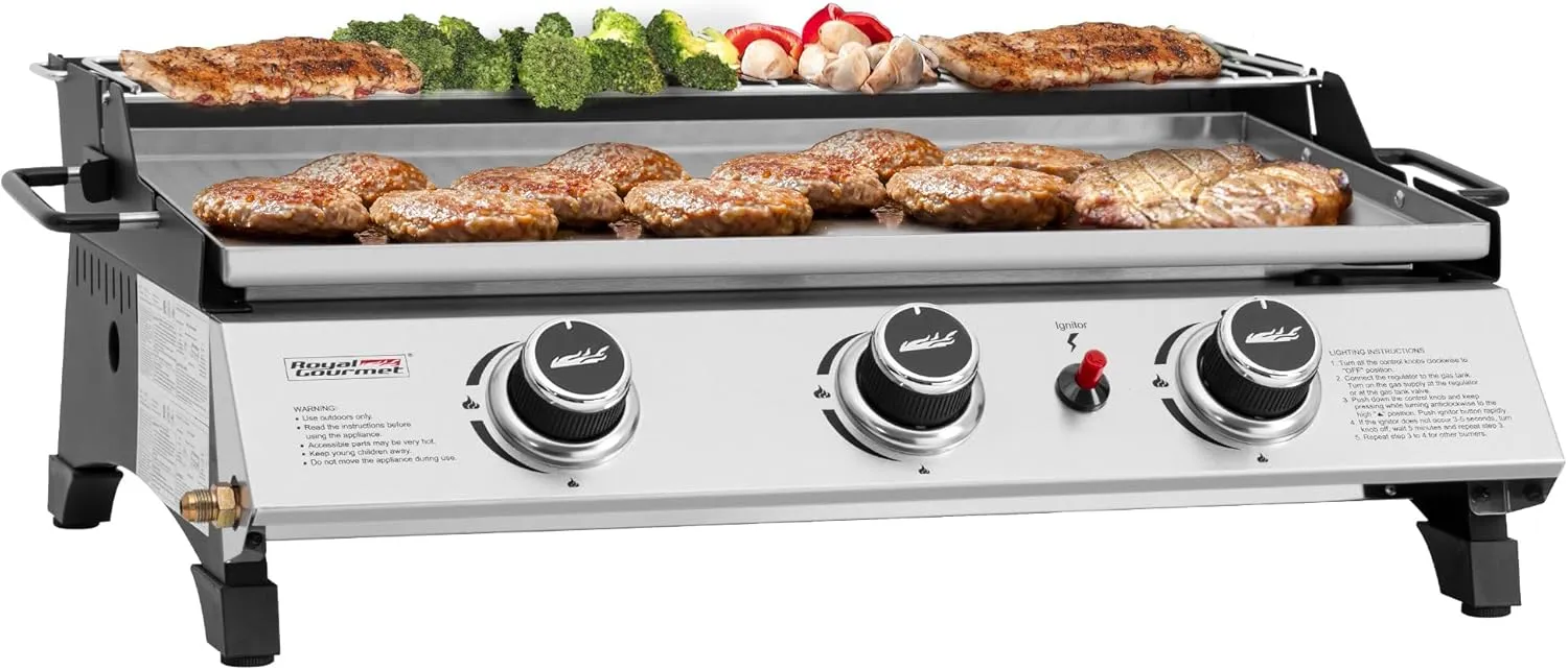 Royal Gourmet PD1303S 3 Burner Tabletop Propane Gas Griddle with Detachable Griddle Top, Includes Stainless Steel Warming Rack for Outdoor Cooking While Camping or Tailgating, Silver