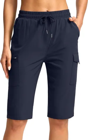 SANTINY Women's 13" Long Hiking Shorts Knee Length Quick Dry Cargo Bermuda Shorts for Women with Zipper Pockets