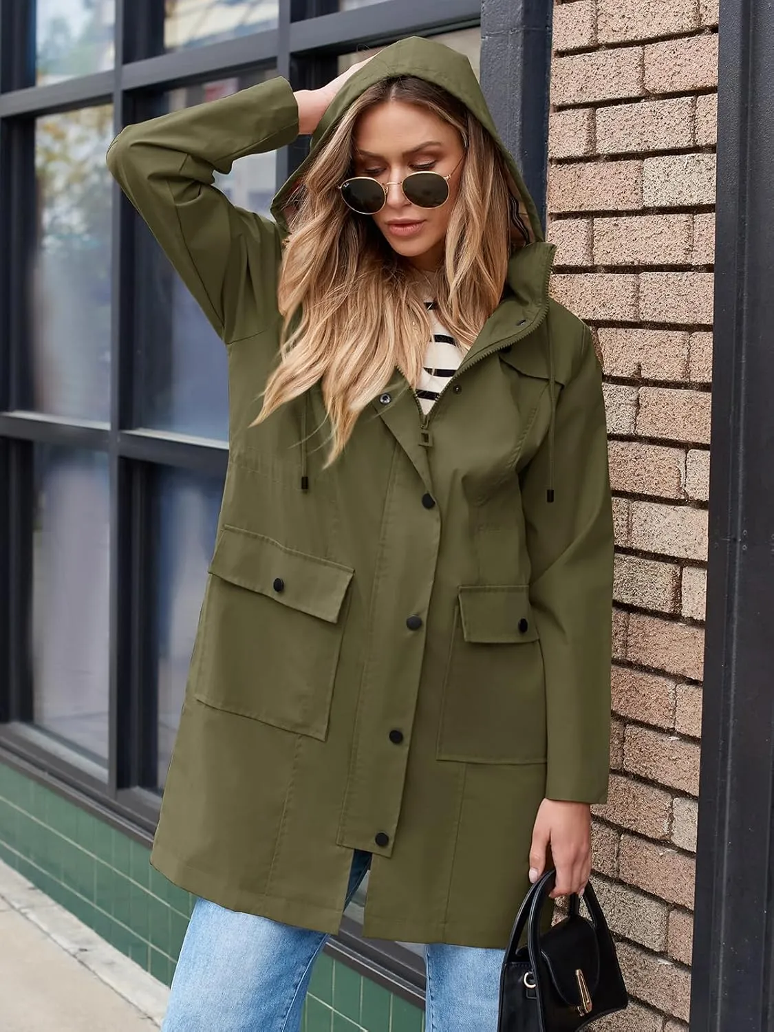 SaphiRose Women's Waterproof Rain Jacket Lightweight Raincoat Hooded Windbreaker Trench Coat