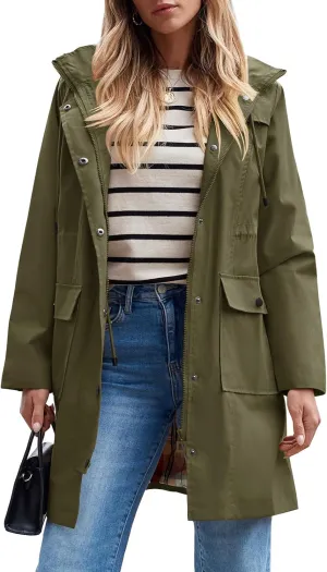 SaphiRose Women's Waterproof Rain Jacket Lightweight Raincoat Hooded Windbreaker Trench Coat