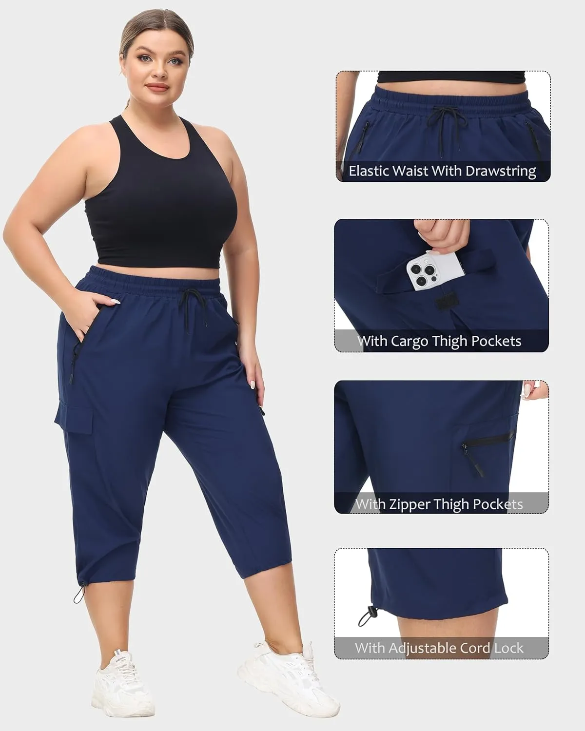 SEKINO Women's Plus Size Cargo Hiking Capris Pants Lightweight Quick Dry Travel Athletic Workout Outdoor Zipper Pockets Pants